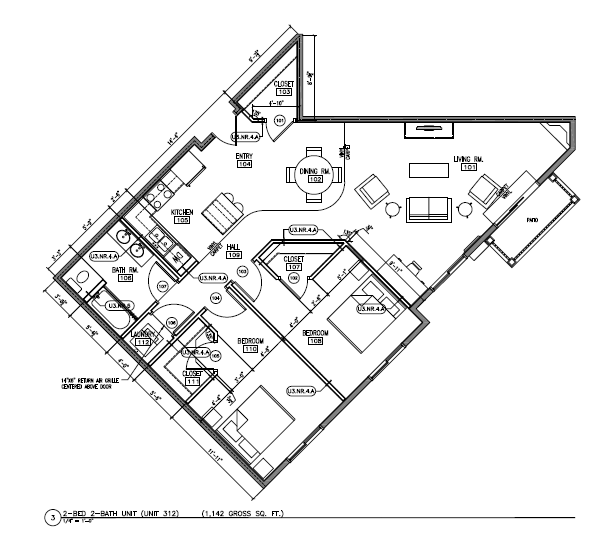 Floor plan for 2 beds, 1 bath, 1105 sqft